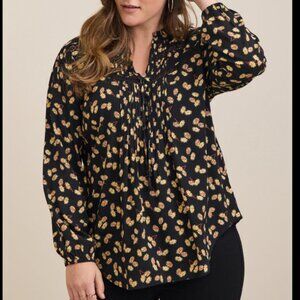 Torrid 4X Rayon Slub Peasant Long Sleeve Top Black Yellow and Black Daisy Floral